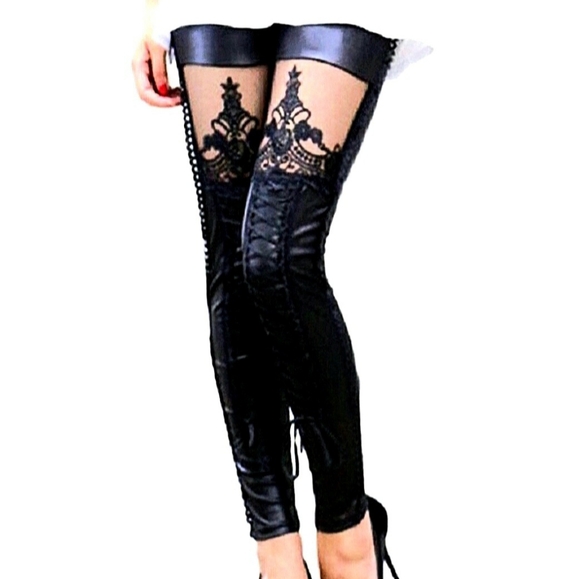 Blk faux leather mesh embroidered Victorian scroll cut out corset pants L-1X NWT - Picture 1 of 17